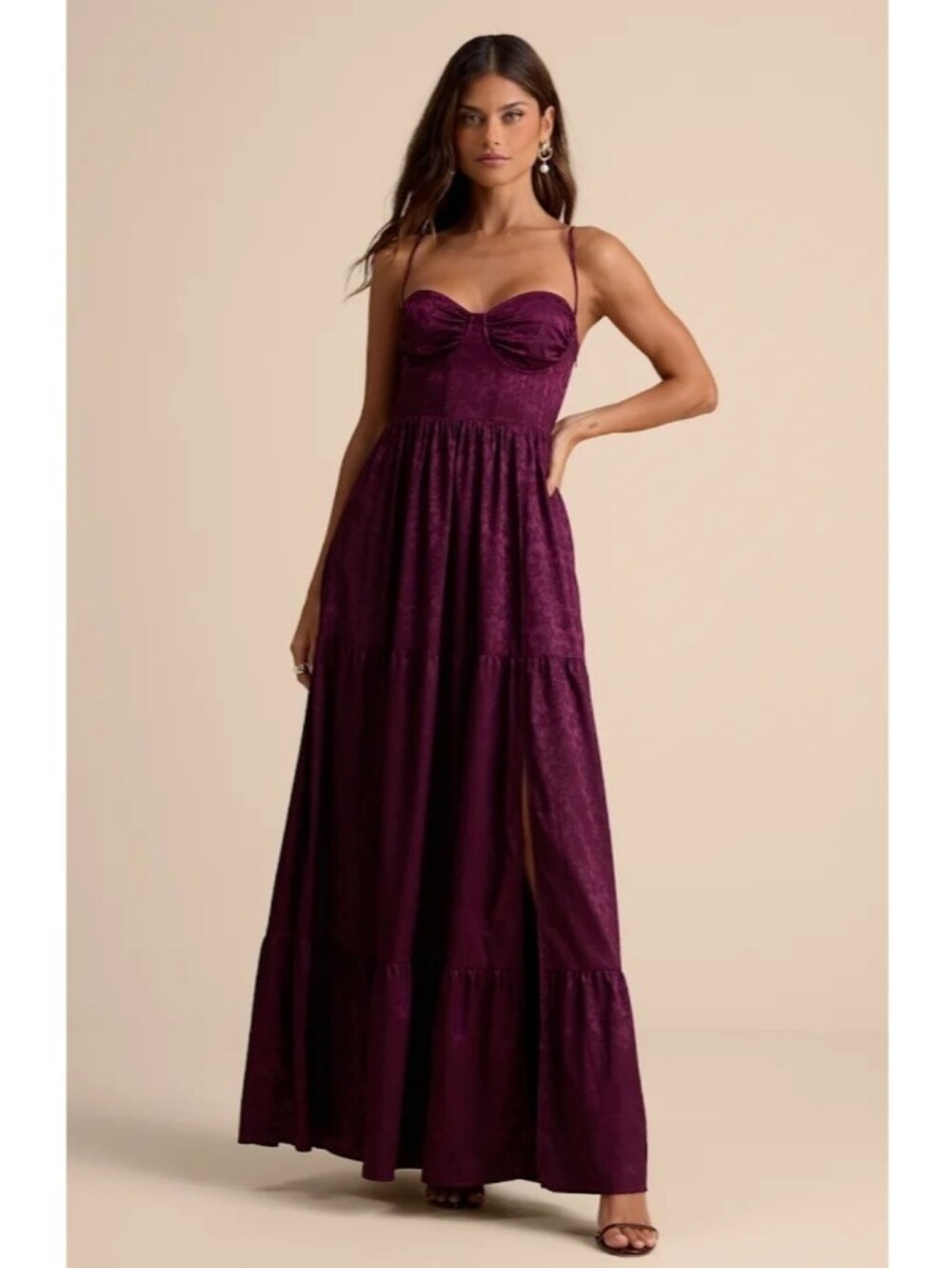 Lulu's flowing plum color tiered jacquard maxi dress